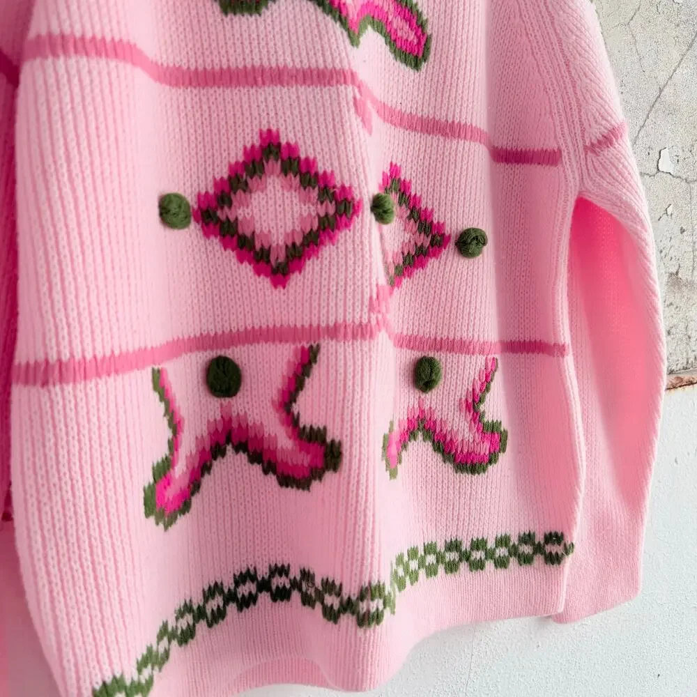 Vtg 80s Sweater Pink Textured Knit Green Pom Coquette Granny Cottagecore Women L - Picture 6 of 10